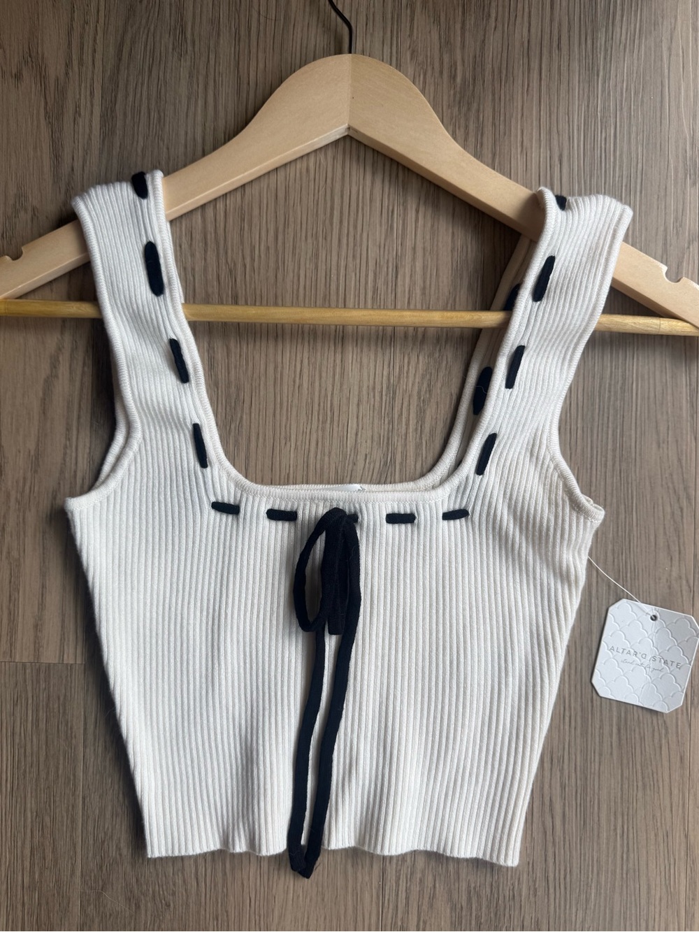 Altar'd State White Ribbed Square-Neck Crop Top with Black Tie